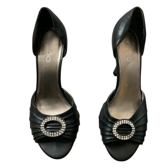 Aldo Women's Open toe Pumps Heels Leather Black Crystal Embellishment detail - Picture 2 of 16